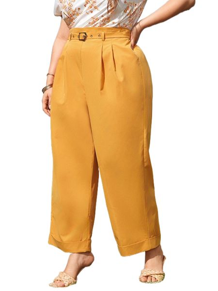 plus 1pc fold pleated belted wide leg pants y8hm#, Black