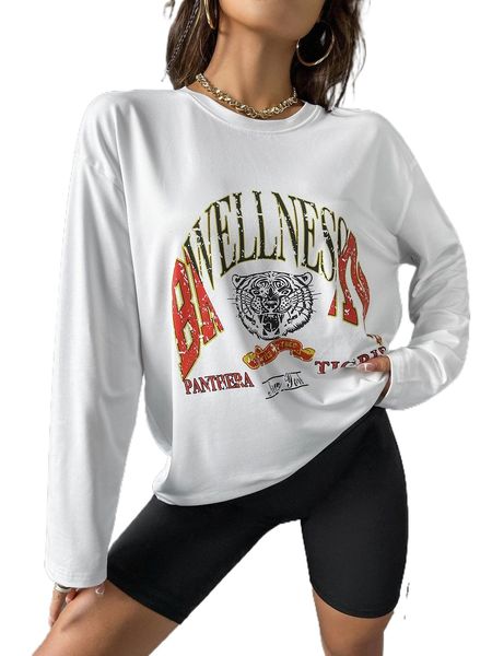 letter & tiger print drop shoulder tee w3vf#, White