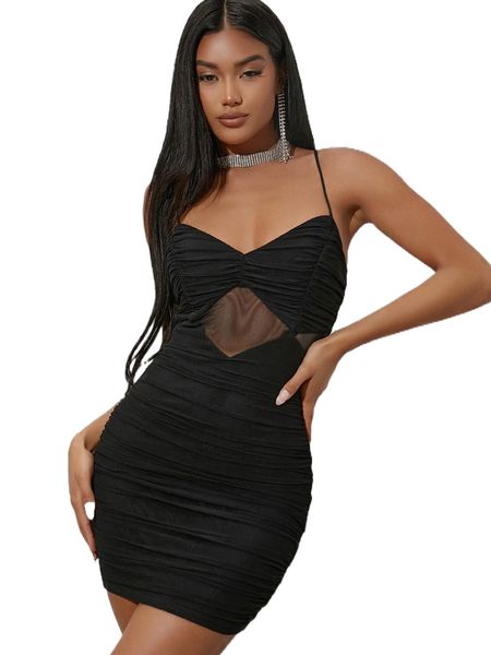 ruched bust solid mesh overlay bodycon dress 85tj#, Black;gray