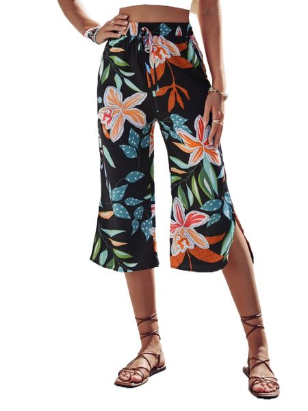 plants print split hem pants 54ho#, Black;white 
plants print split hem pants 54ho#, Black;white