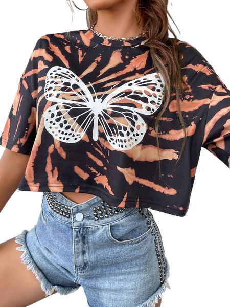 butterfly & tie dye print tee q44x#, White