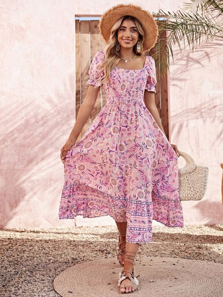 scoop neck shirred waist floral print dress e7k7#, Black;gray