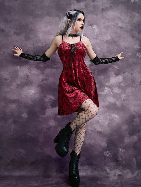allover floral print lace up front velvet slip dress without gloves c2yk#, Black;gray
allover floral print lace up front velvet slip dress without gloves c2yk#, Black;gray