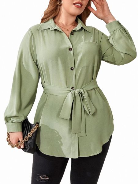 plus patched pocket belted shirt f4j8#, Black