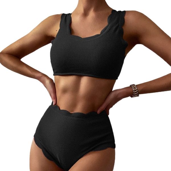 women's high waisted tankini set, scalloped trim swimsuit back lace-up high cut two piece bikini set n1x0#, White;black
women's high waisted tankini set, scalloped trim swimsuit back lace-up high cut two piece bikini set n1x0#, White;black