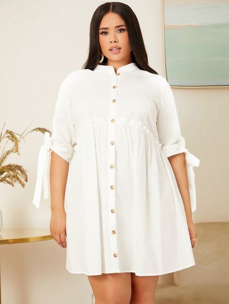 plus mock neck button front frill knot smock dress 66sr#, Black