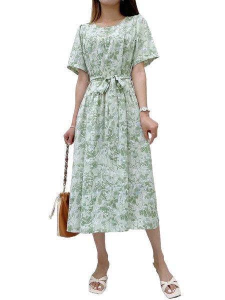 dazy allover floral print belted dress w3wu#, Black;gray 
dazy allover floral print belted dress w3wu#, Black;gray