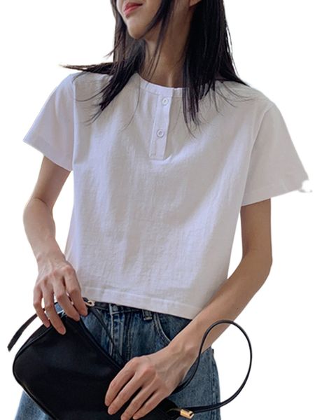 dazy solid half button crop tee 55vq#, White