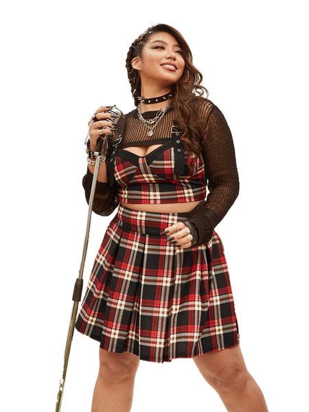 plus plaid print cami & pleated skirt without super crop k1yb#, Black
plus plaid print cami & pleated skirt without super crop k1yb#, Black