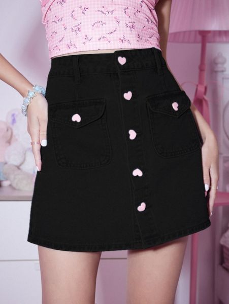 romwe heart button denim skirt a7cs#, Black