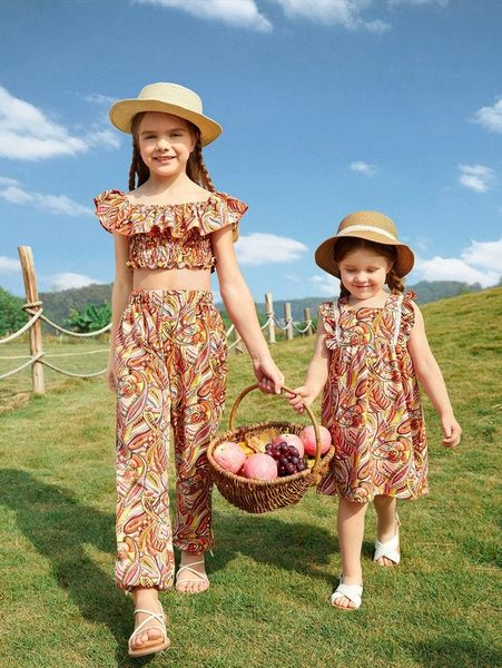 girls 1pc allover print ruffle shirred crop & pants set she, White
girls 1pc allover print ruffle shirred crop & pants set she, White