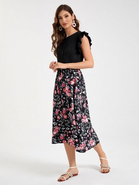 ruffle trim floral print hem combo dress x3k6#, Black;gray