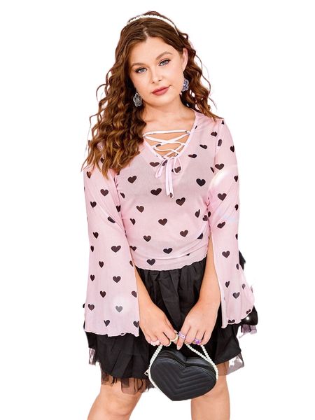 plus heart print split sleeve lace up front mesh without bra y7di#, Black
plus heart print split sleeve lace up front mesh without bra y7di#, Black
