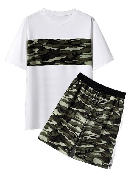 men camo print tee & drawstring waist shorts k0qr#, Gray
