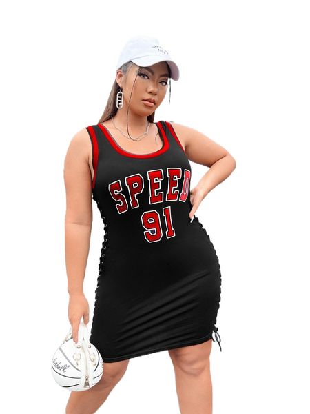 plus eyelet lace up side contrast trim letter graphic dress t301#, Black