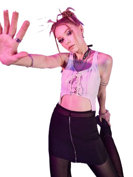 romwe cyber luvr solid lace up tank q6ae#, White