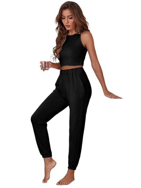 solid tank & elastic waist pants lounge set q471#, Black;red
solid tank & elastic waist pants lounge set q471#, Black;red