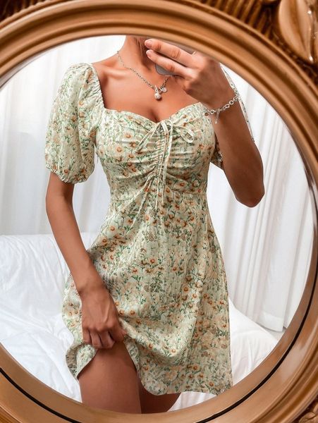 floral drawstring front milkmaid dress q7rb#, Black;gray
floral drawstring front milkmaid dress q7rb#, Black;gray