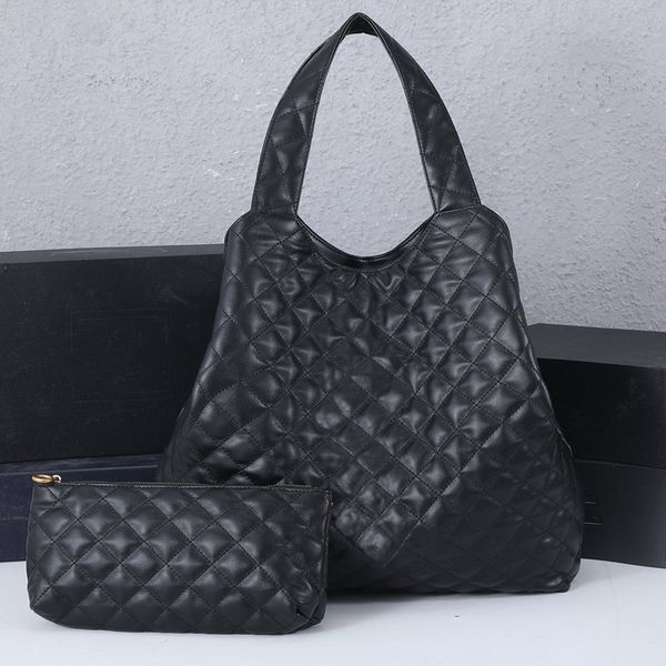 Image of Fashion Shopping Bags Luxury Bag Genuine Leather Check Women Handbag Designer shoulder Tote Top quality Large Beach bags luxurys travel Crossbody Purses Black