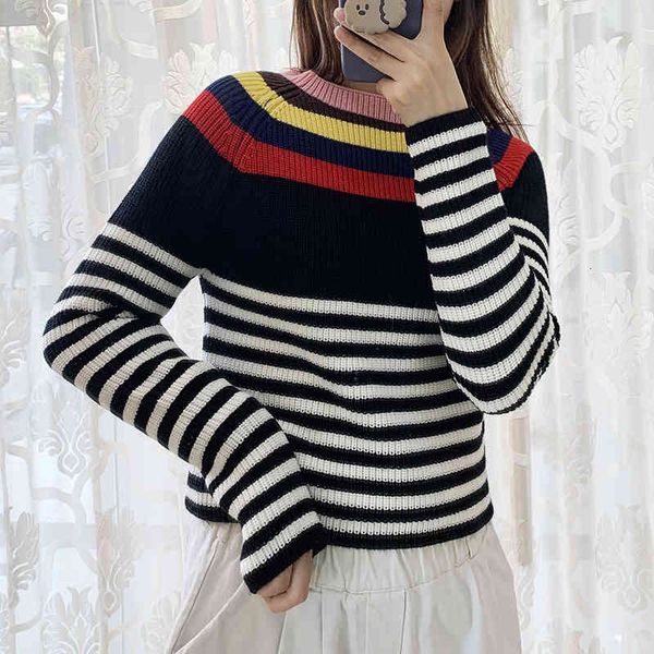 women's knits & tees rainbow striped sweater round neck contrast long sleeve loose and versatile thin bottomed sweater spring autumn uz, White
women's knits & tees rainbow striped sweater round neck contrast long sleeve loose and versatile thin bottomed sweater spring autumn uz, White