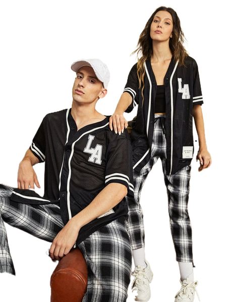 1pc letter graphic patched detail striped trim shirt 9927#, White;black
1pc letter graphic patched detail striped trim shirt 9927#, White;black