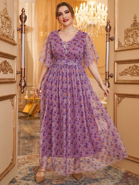 plus floral print flutter sleeve mesh dress r5ox#, Black
plus floral print flutter sleeve mesh dress r5ox#, Black