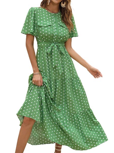 polka dot butterfly sleeve flap pocket ruffle hem belted dress x3up#, Black;gray