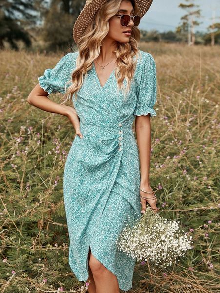 plant print puff sleeve wrap dress q7jh#, Black;gray