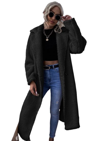 lapel collar double button teddy coat q3vn#, Black