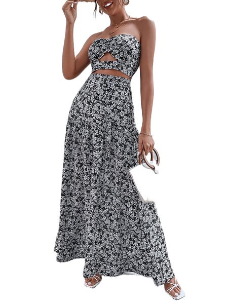 floral print cut out crop tube & skirt t0zm#, White