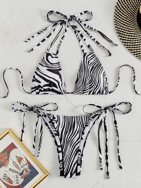 zebra stripe halter tie side bikini swimsuit q75m#, White;black