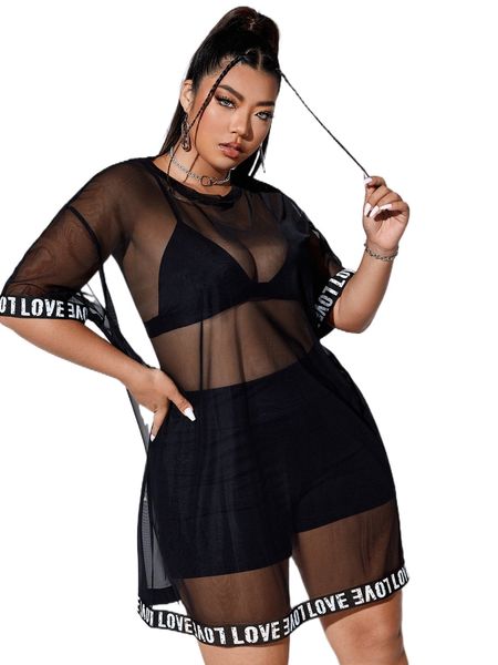 plus letter tape drop shoulder mesh dress h4og#, Black