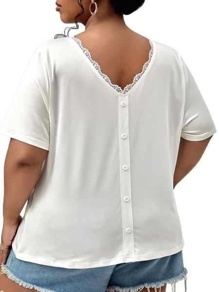 plus lace trim button detail tee 75bi#, Black