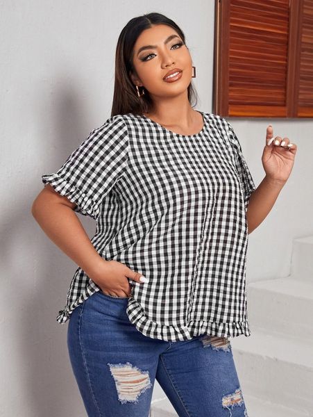 plus gingham print frill flounce sleeve blouse u4wr#, Black
plus gingham print frill flounce sleeve blouse u4wr#, Black
