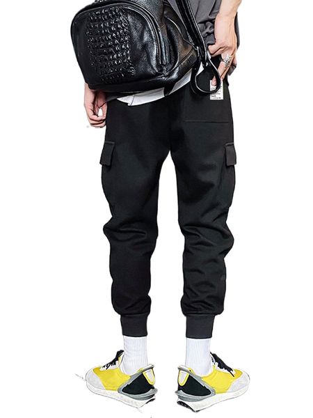 men slogan patched detail flap pocket side drawstring waist sweatpants a3ce#, Black 
men slogan patched detail flap pocket side drawstring waist sweatpants a3ce#, Black