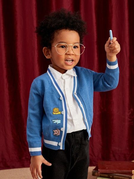 toddler boys cartoon embroidery contrast trim cardigan she, Blue 
toddler boys cartoon embroidery contrast trim cardigan she, Blue