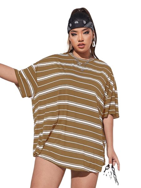 plus drop shoulder striped tee g0gt#, Black 
plus drop shoulder striped tee g0gt#, Black