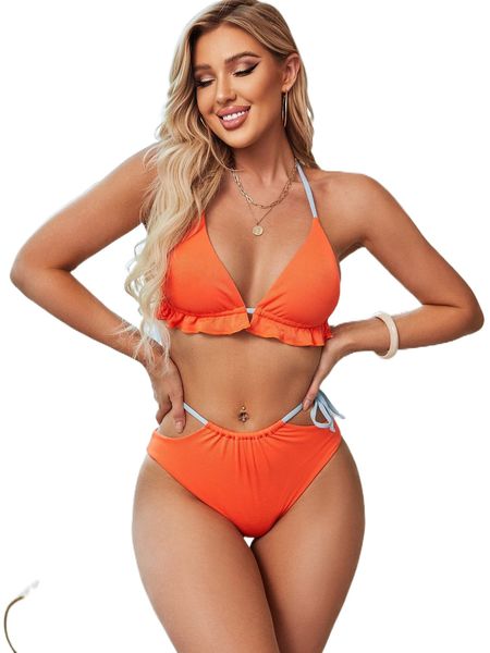 lettuce trim cut-out triangle bikini swimsuit q39g#, White;black