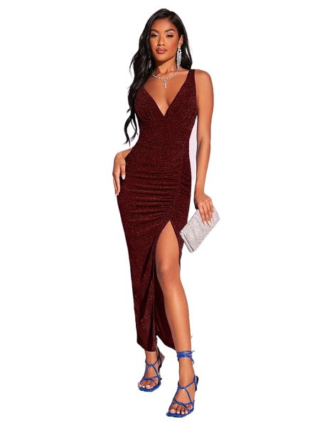 bae ruched split thigh glitter slip dress g7qn#, Black;gray