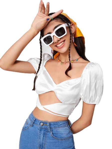 tie waist puff sleeve satin b8lg#, White
tie waist puff sleeve satin b8lg#, White