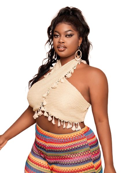 x srv plus textured fringe trim criss cross wrap halter w4om#, Black
x srv plus textured fringe trim criss cross wrap halter w4om#, Black