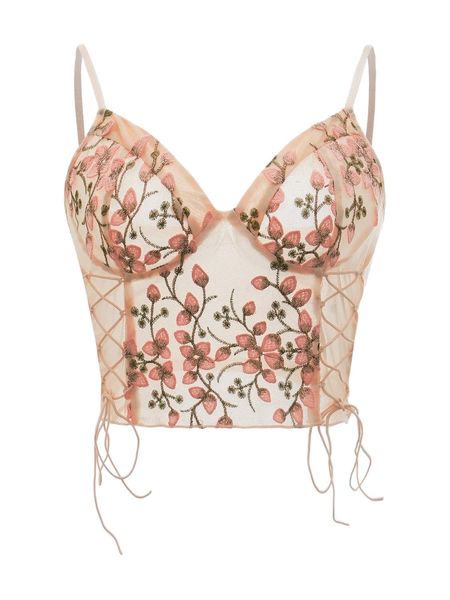 x arigameplays floral embroidery mesh lace up side cami f4he#, White 
x arigameplays floral embroidery mesh lace up side cami f4he#, White