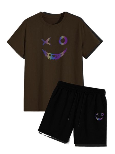 romwe guys reflective cartoon graphic tee & shorts 74em#, Gray 
romwe guys reflective cartoon graphic tee & shorts 74em#, Gray