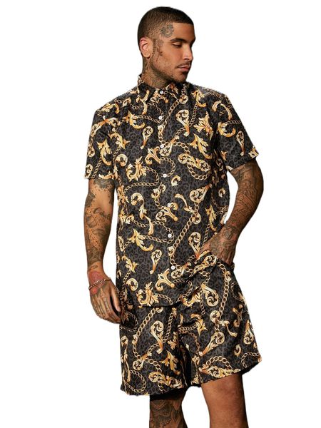 men baroque & chain print shirt & shorts p49n#, Gray