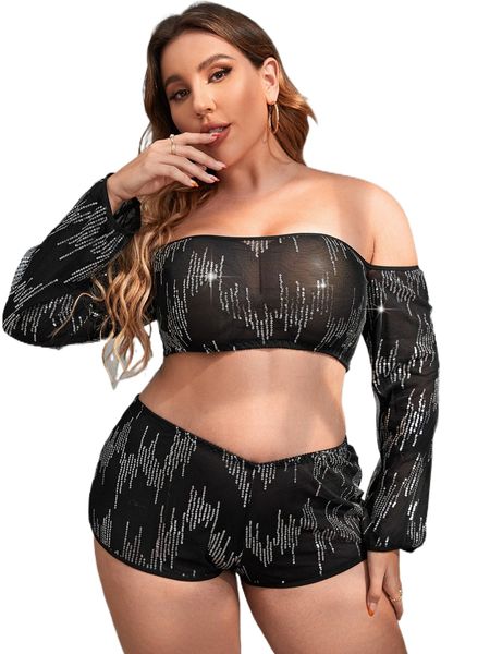 plus mesh contrast sequin off shoulder wireless lingerie set m4zc#, Black;white
plus mesh contrast sequin off shoulder wireless lingerie set m4zc#, Black;white