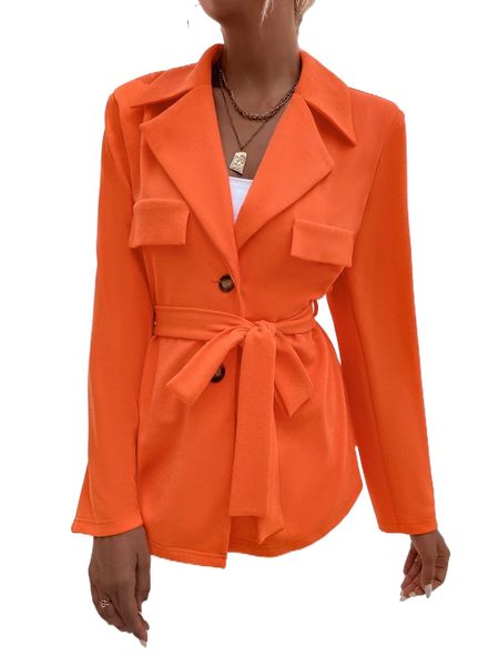 neon-orange flap detail belted blazer 99xb#, White 
neon-orange flap detail belted blazer 99xb#, White
