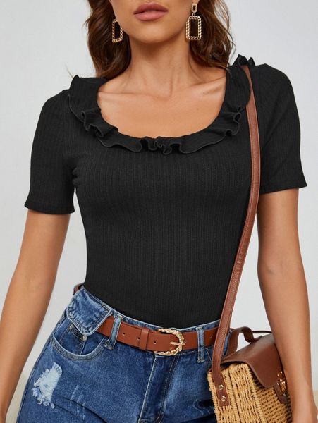 scoop neck ruffle trim tee r0hs#, White 
scoop neck ruffle trim tee r0hs#, White