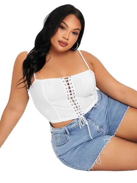 sxy plus lace up front rib-knit cami u8yv#, Black 
sxy plus lace up front rib-knit cami u8yv#, Black