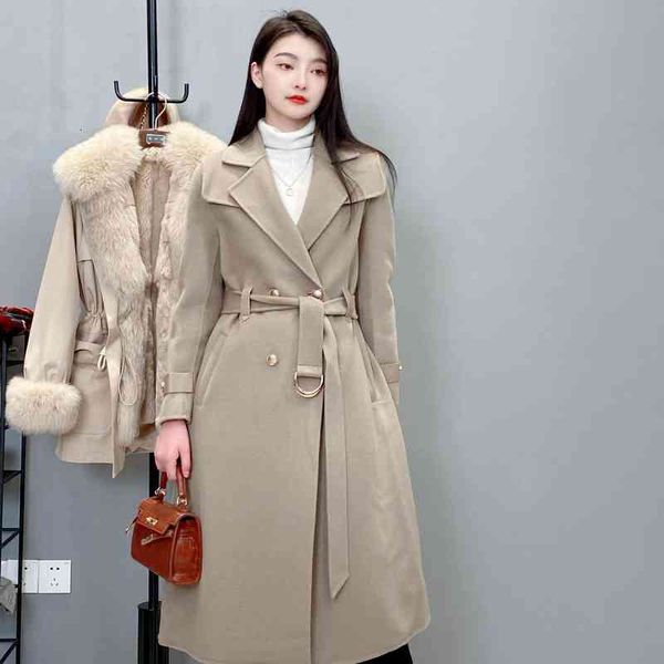 women's trench coats of fans exclusive wool double-sided ni front shoulder waist patchwork fur coat, Tan;black
women's trench coats of fans exclusive wool double-sided ni front shoulder waist patchwork fur coat, Tan;black