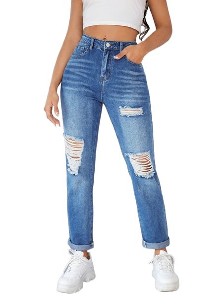 zipper fly ripped straight leg jeans s4lc#, Blue